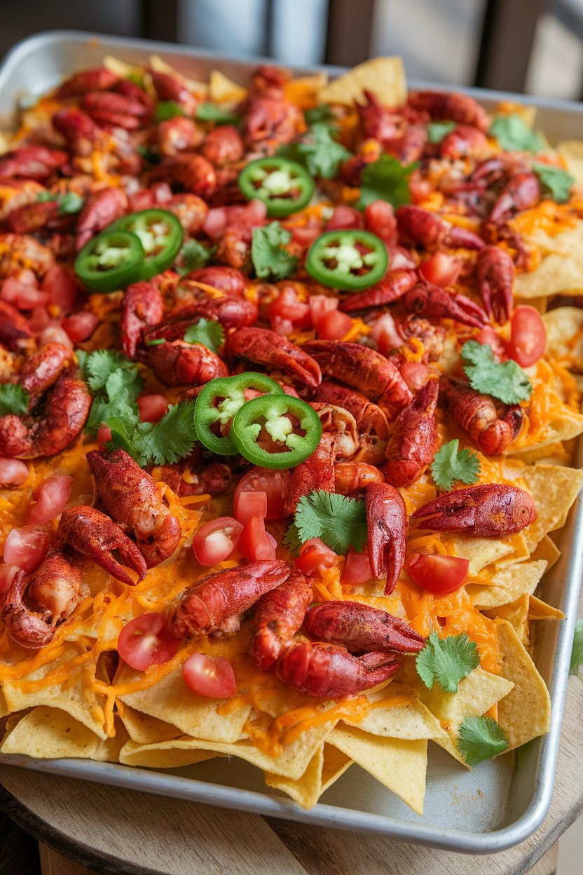 Sheet pan of nachos topped with seasoned crawfish tails, melted cheddar, and diced tomatoes indoors; no text or logos, photo not illustration.