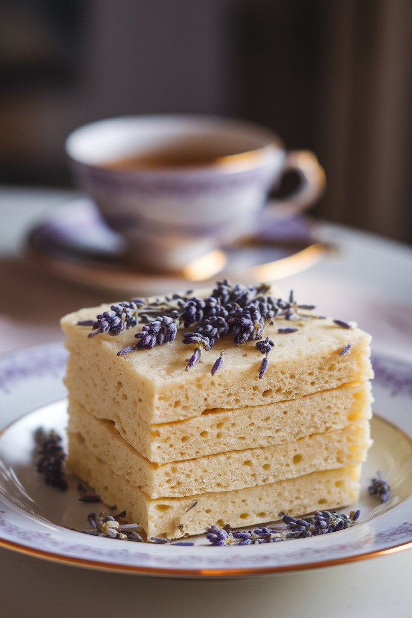 Pale pancake square speckled with lavender buds, tea cup blurred behind, indoor soft lighting, no text or logos.