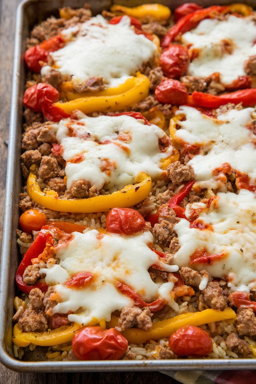 Indoor photo of crumbled Italian turkey, roasted bell pepper strips, cherry tomatoes, and rice all arranged on a sheet pan, topped with melted mozzarella. No text or logos.