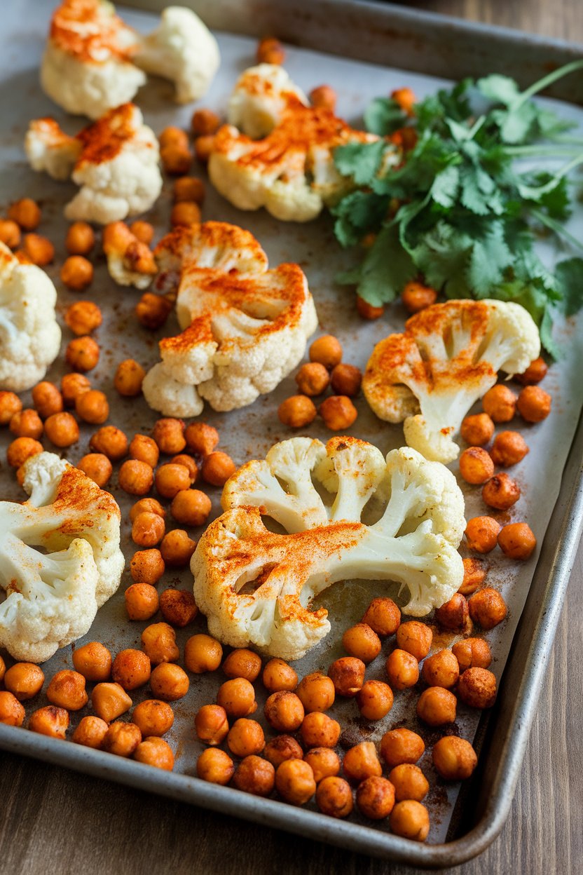 Sheet pan indoors with spiced cauliflower “steaks” and roasted chickpeas in a rich tandoori color. No logos or text.