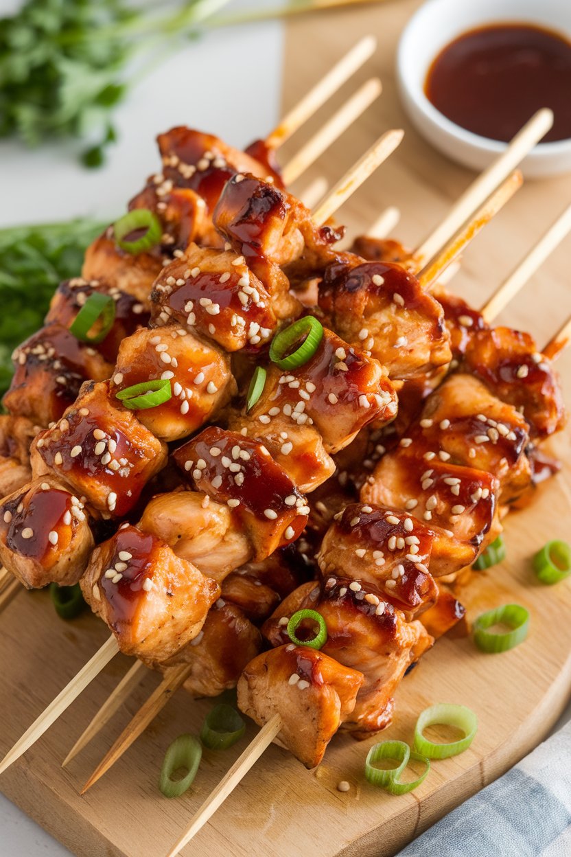 An indoor platter of glossy teriyaki chicken skewers sprinkled with sesame seeds and sliced scallions. No text or logos. Photo, not illustration.