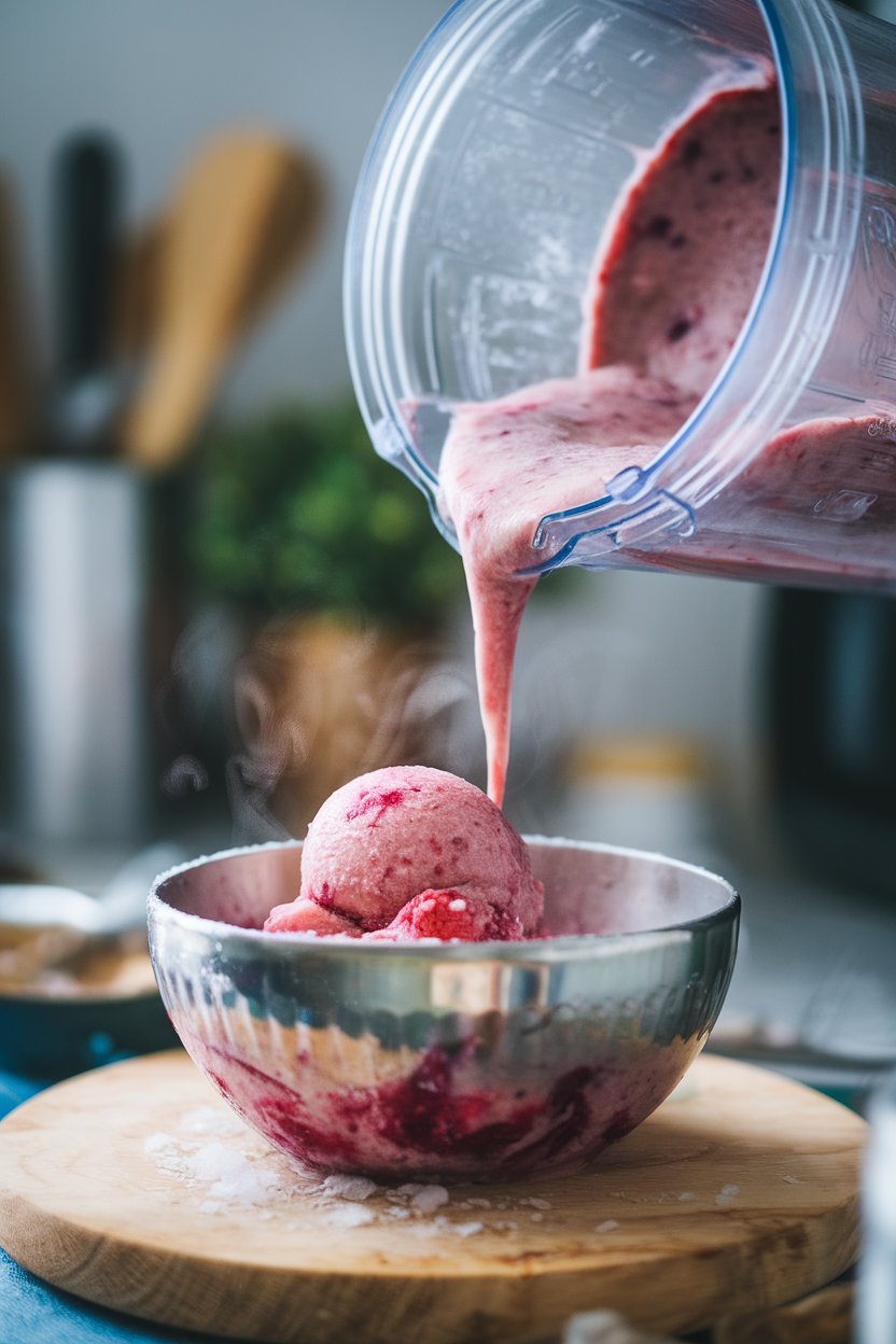 An indoor blender shot pouring thick berry sorbet into a chilled bowl, steam from frost visible; no logos.