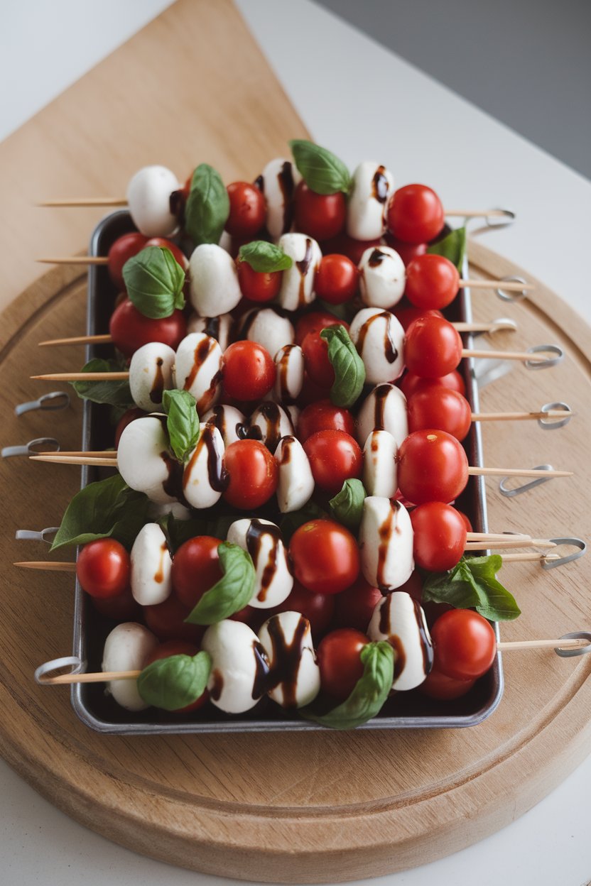 An indoor appetizer tray holding skewers of cherry tomatoes, fresh mozzarella pearls, and basil leaves drizzled with balsamic glaze. No text or logos.