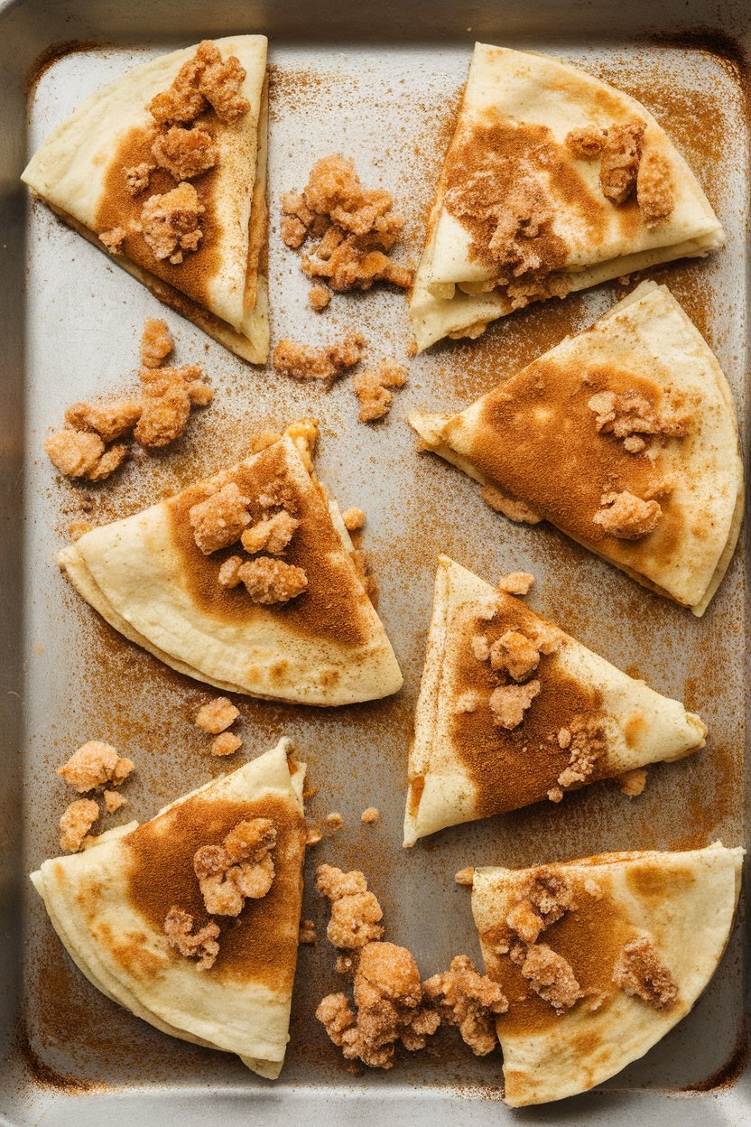 Sheet pan with cinnamon-sugar cream-cheese quesadilla pieces, crunchy sugar topping, indoor, no text or logos.