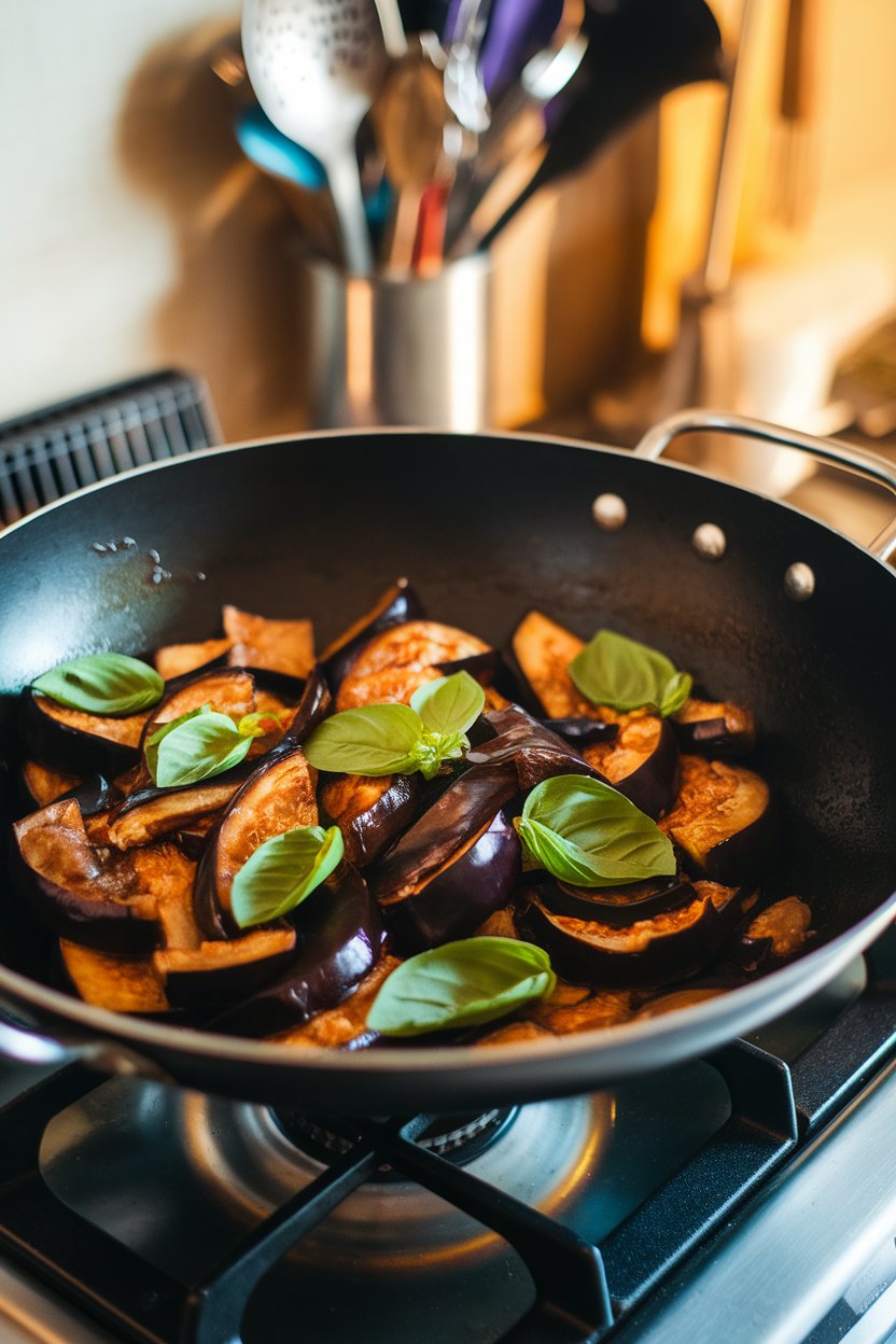 Indoor stovetop view of a wok filled with glossy stir-fried eggplant pieces, bright Thai basil leaves, and a savory soy glaze. No text or logos. Photo, not illustration.