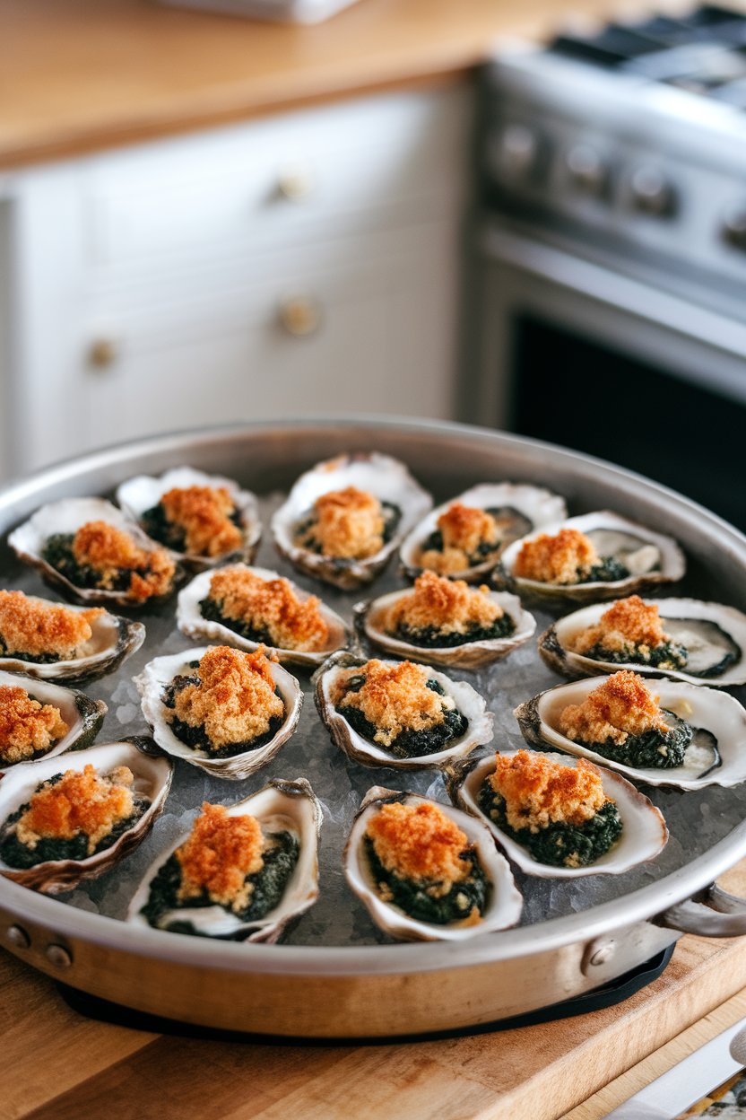 An indoor broiler pan holding half-shell oysters topped with rich spinach-herb butter and browned bread crumbs. Photo, no text or logos.