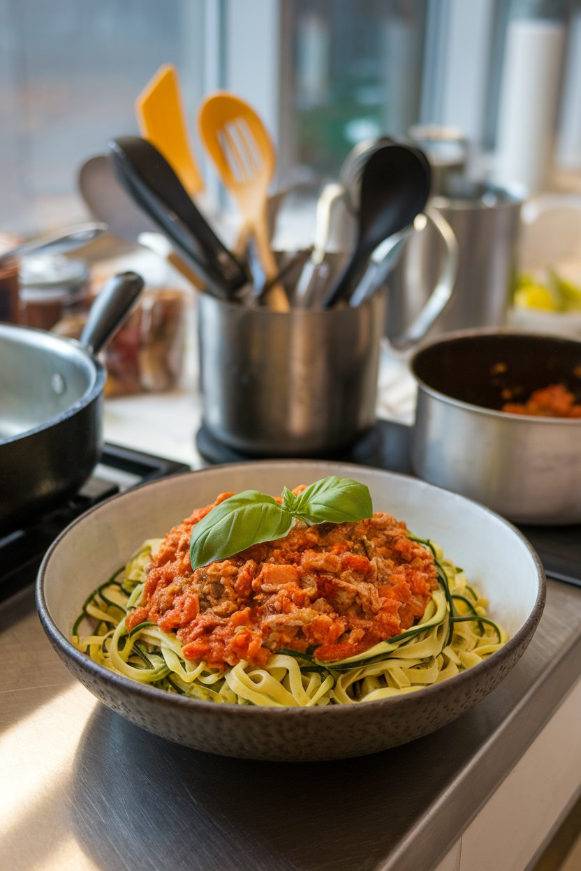 An indoor pasta station scene with a bowl of zucchini noodles topped with a rich turkey tomato ragu, basil leaves on top; no text or logos; photograph.