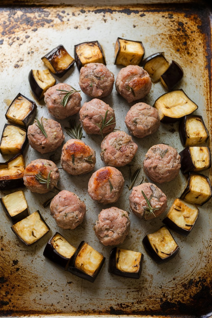 Indoor photo of small lamb meatballs flecked with rosemary, roasted eggplant cubes caramelized around them on a sheet pan. No text or logos.