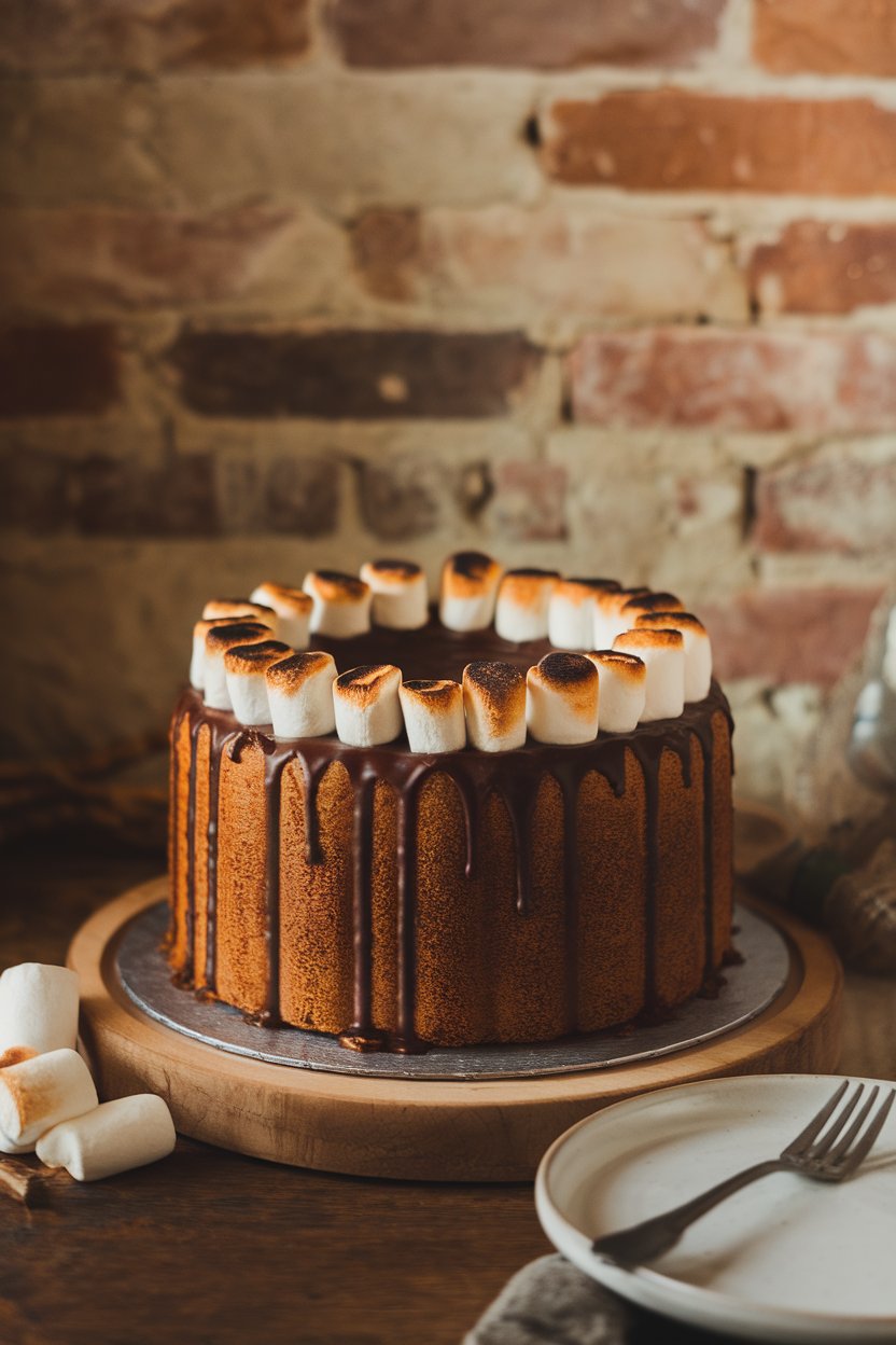 Indoor image of a king cake drizzled with chocolate and mini marshmallows toasted on top; no text or logos.