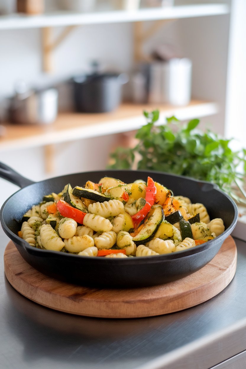 Indoor counter showing a skillet of pan-seared gnocchi tossed with roasted zucchini, bell peppers, and pesto. No text or logos. Photo, not illustration.