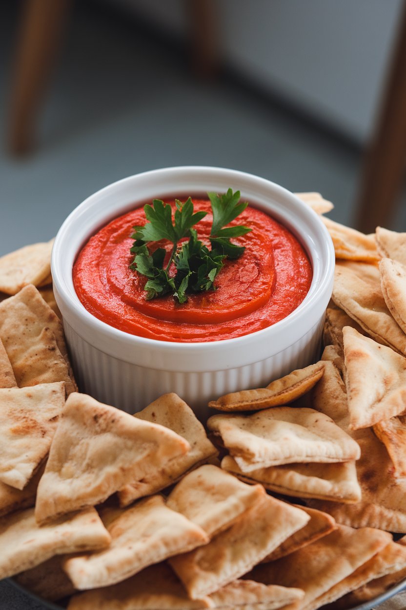 An indoor ramekin of bright red pepper dip garnished with parsley, surrounded by pita chips, no text or logos.