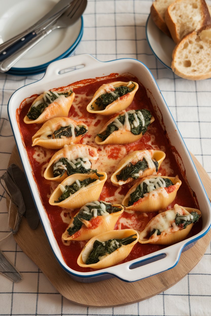 A casserole dish on an indoor dinner table filled with jumbo pasta shells stuffed with ricotta and spinach, marinara pooling around, cheese melted on top. No text or logos. Photo, not illustration.