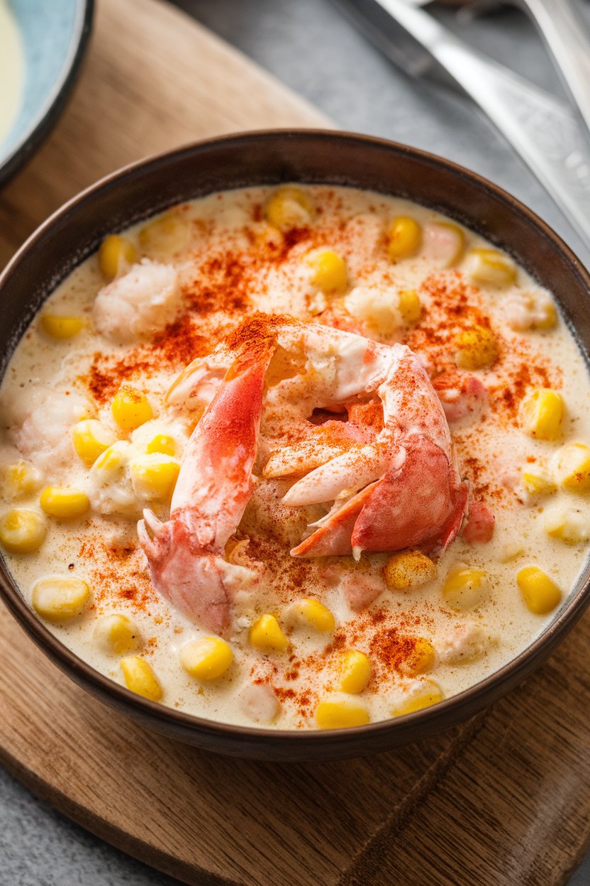 An indoor bowl of creamy Cajun crab and corn chowder, chunks of crab meat visible, sprinkle of paprika on top; photo only, no text or logos.