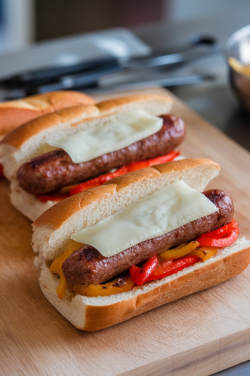 Indoor cutting board with toasted hoagie rolls stuffed with grilled sausages, sautéed peppers, and onions, cheese melted on top. No text or logos.