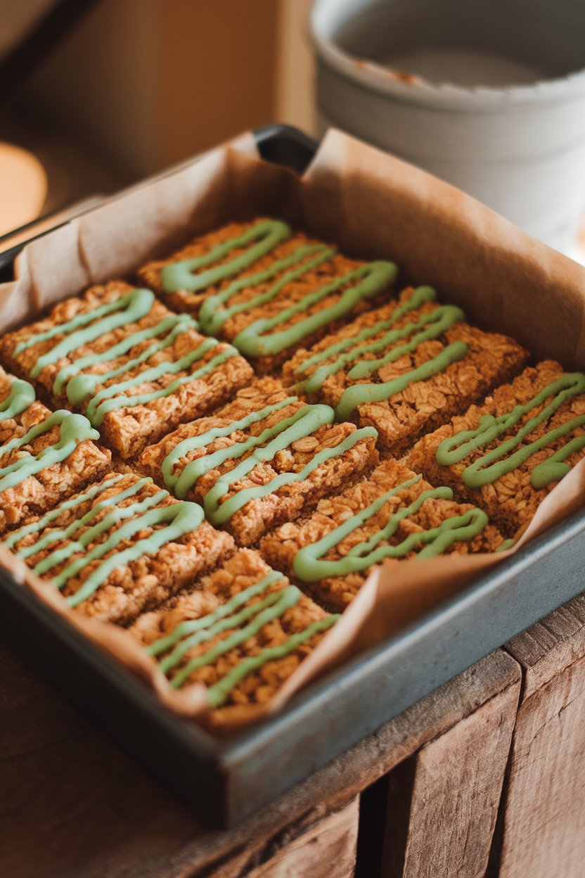 An indoor rustic pan of oat flapjack squares drizzled with thin green icing lines, no text or logos. Photo only.