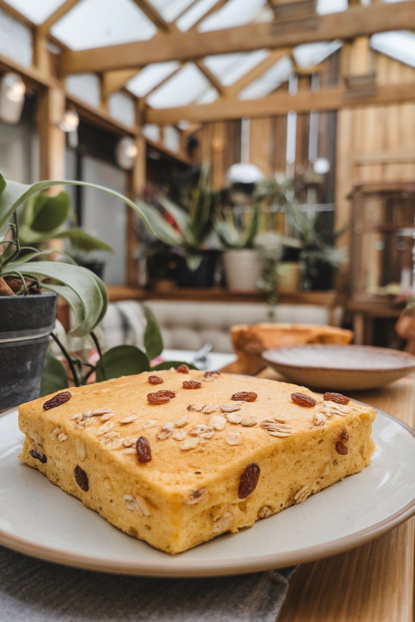 Golden pancake square studded with raisins and oats, indoor breakfast nook, no text or logos.