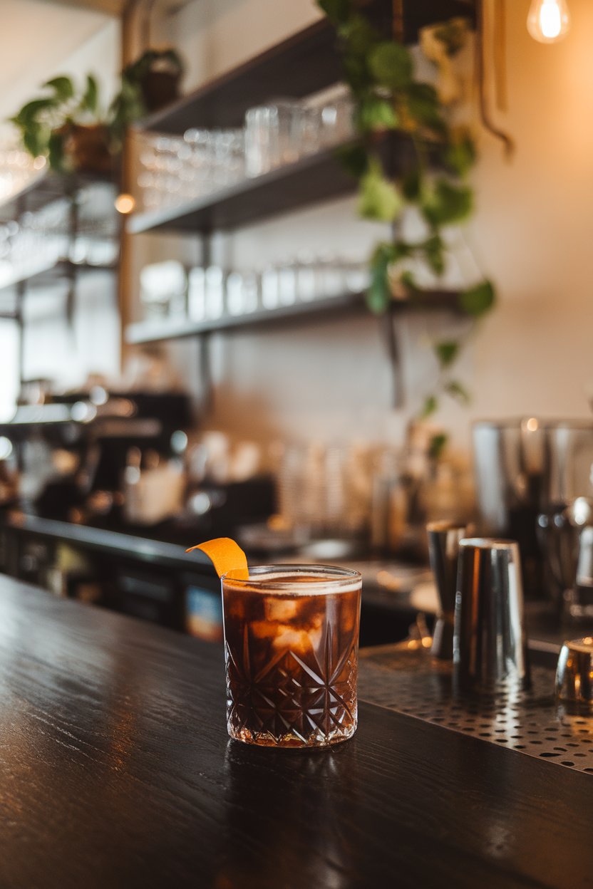 Photo of a short glass indoors containing dark brown cocktail, expressed orange peel on rim, cozy coffee-shop bar, no text or logos