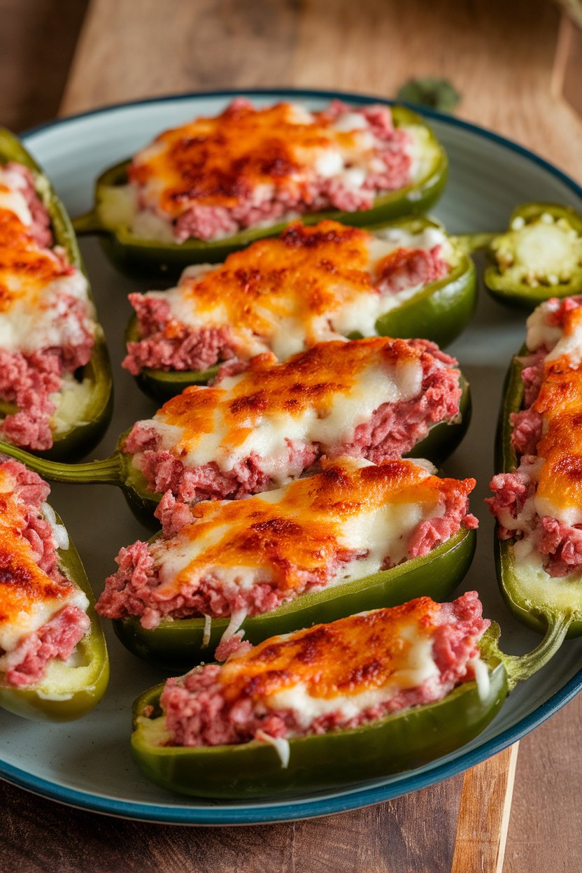 Indoor photo of halved jalapeños filled with cheesy corned beef mixture, browned on top, no text or logos