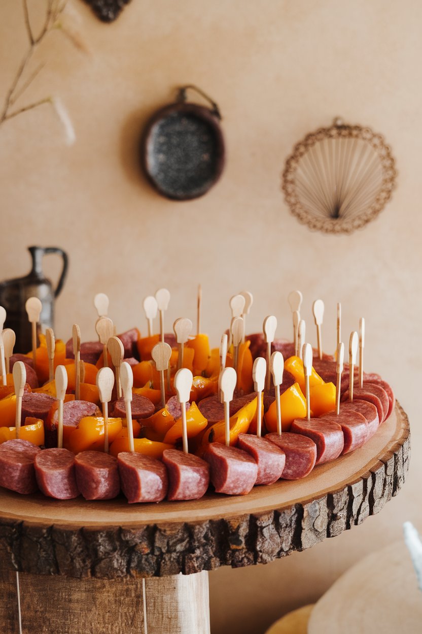 Indoor photo of a platter lined with wooden picks holding seared Andouille sausage coins alternated with roasted bell pepper pieces; no text or logos