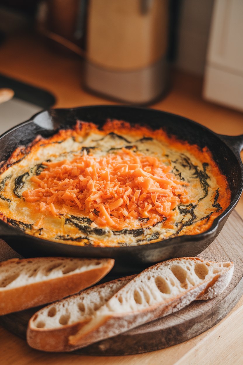 Indoor photo of a cast-iron skillet holding bubbling spinach-artichoke dip with toasted baguette slices alongside; no text or logos.