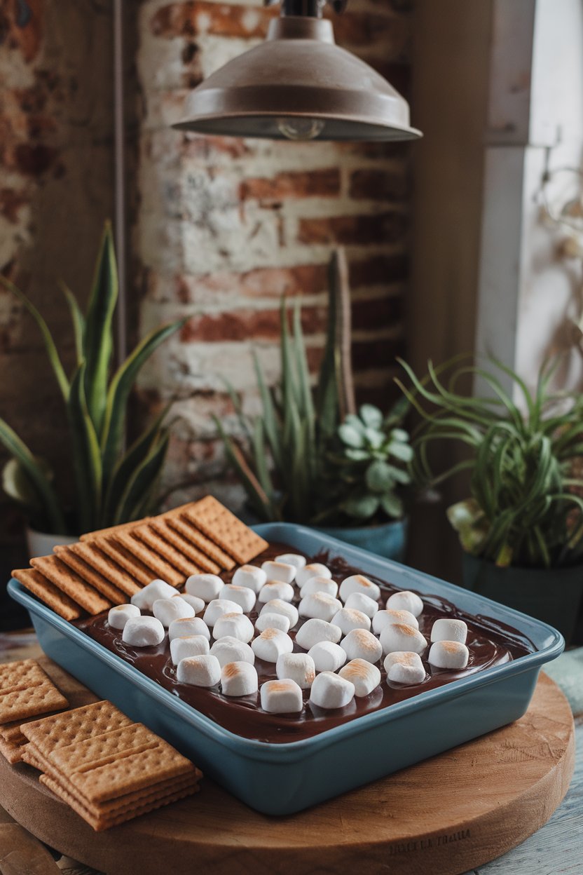 An indoor baking dish topped with toasted marshmallows over melted chocolate, graham crackers arranged on the side for dipping. No text or logos. Photo, not illustration.