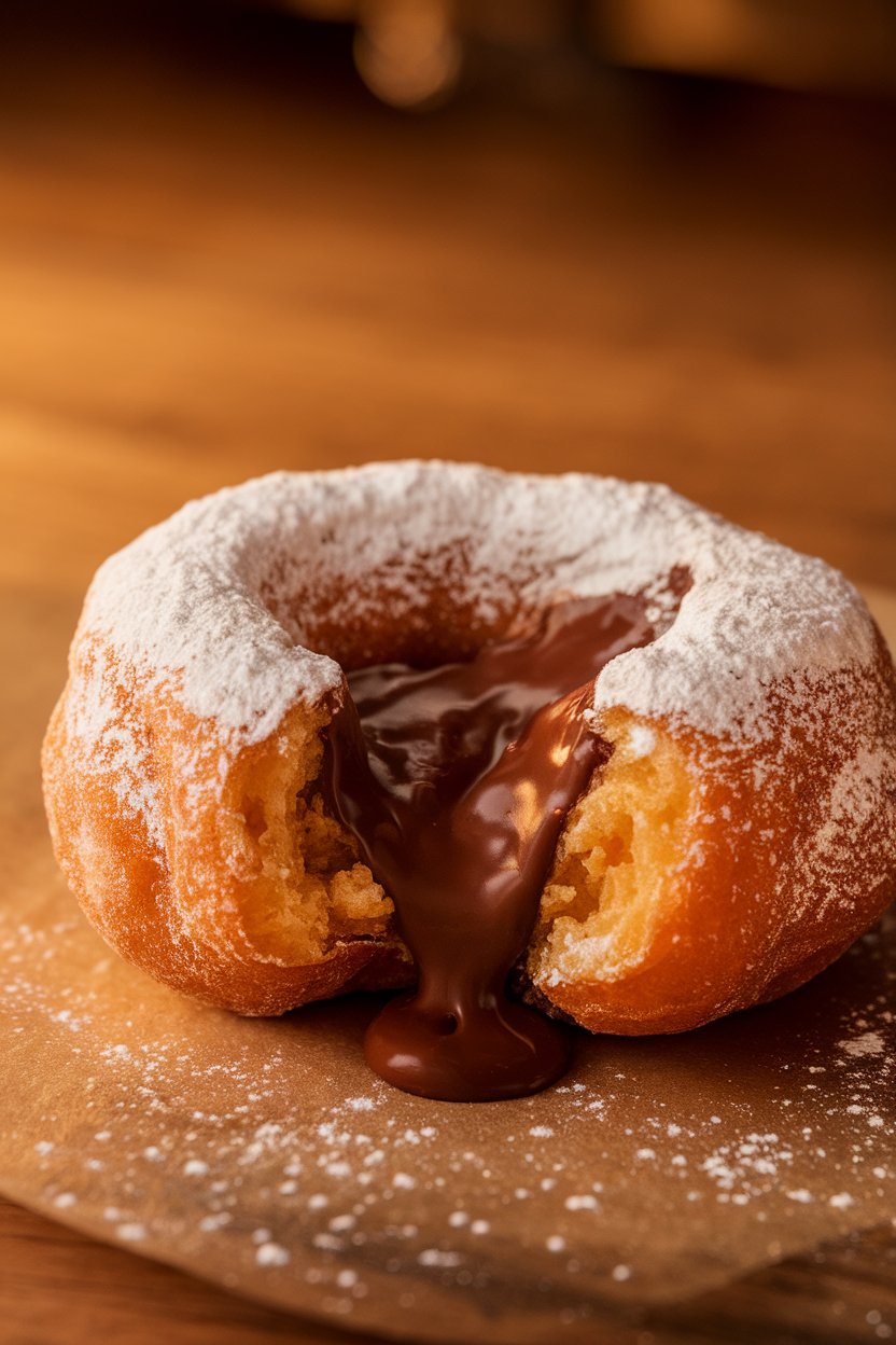 Indoor photo of beignets with a bite taken to reveal molten chocolate inside, powdered sugar lightly dusted on top. Warm lighting, no text or logos.