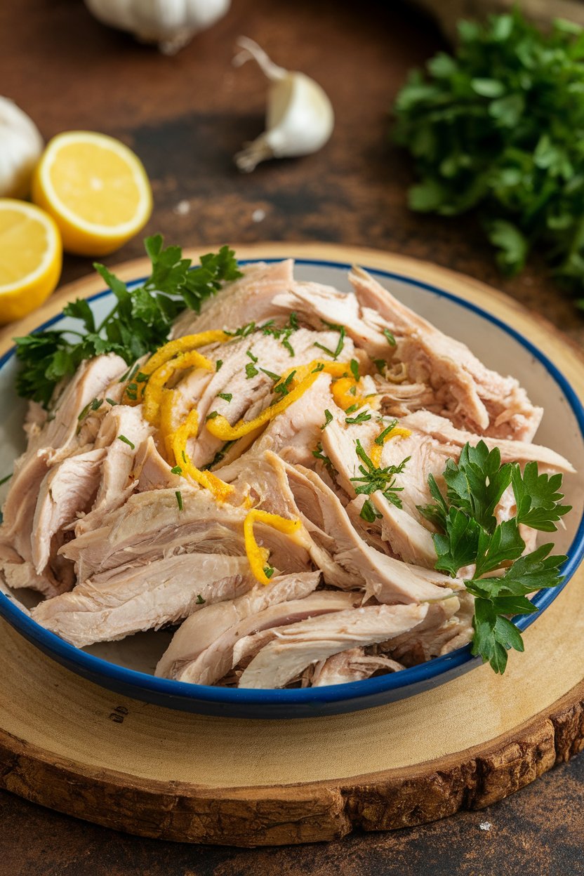 An indoor serving dish of shredded chicken seasoned with lemon zest and garlic, parsley sprinkled over; photo only, no text or logos.