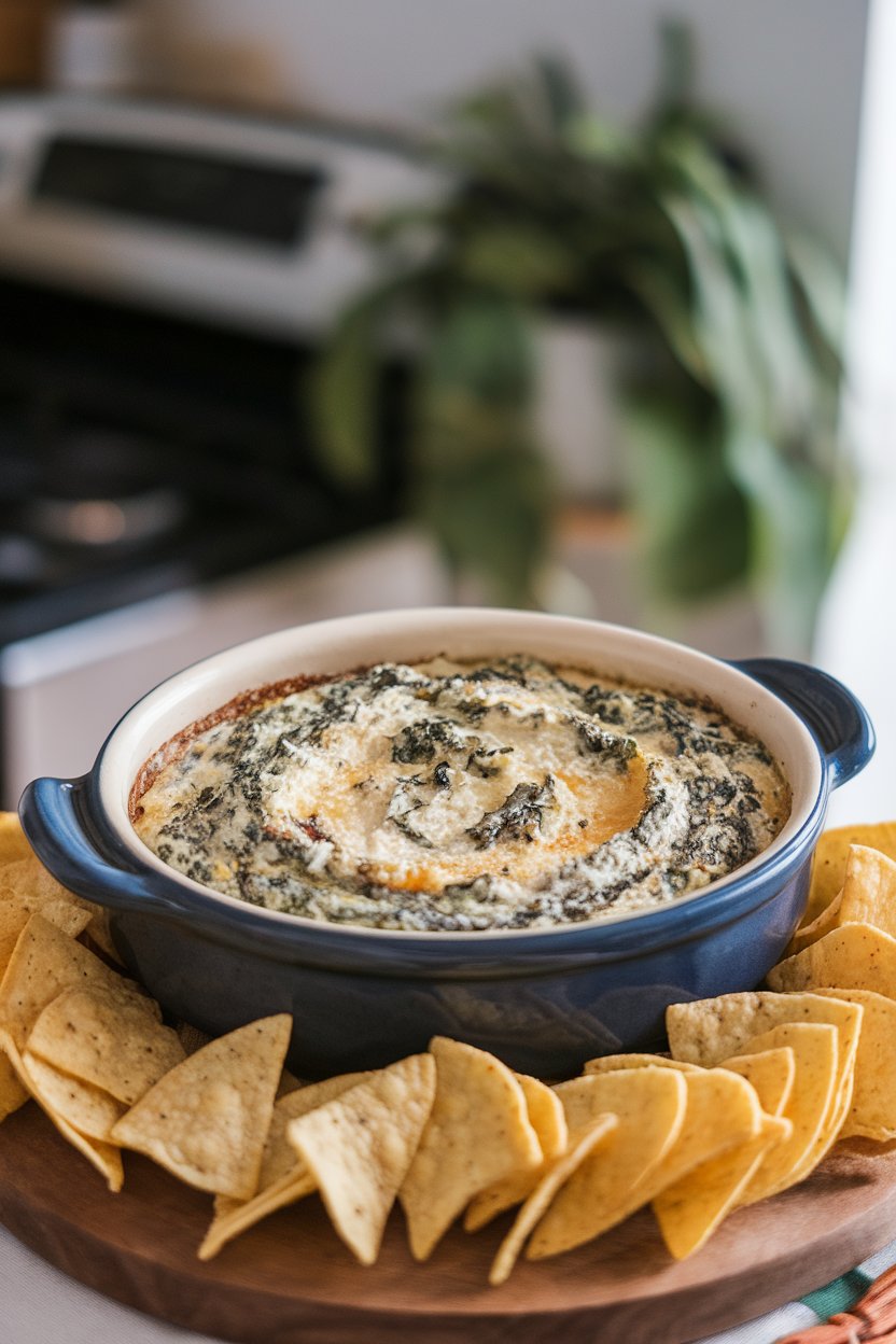 Indoor photo of a ceramic dish bubbling with creamy spinach-artichoke dip, chips arranged around, no text or logos.