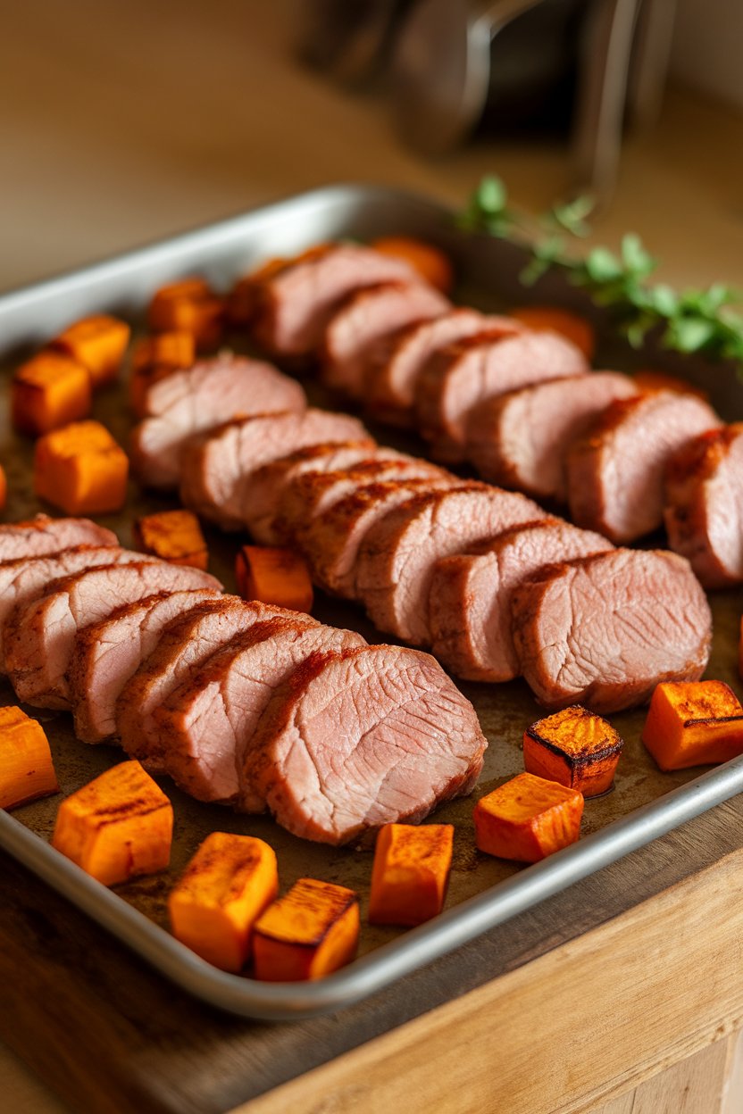 Warm indoor photo of a sheet pan covered with sliced pork tenderloin medallions and cubes of roasted sweet potato sprinkled with paprika. No text or logos.