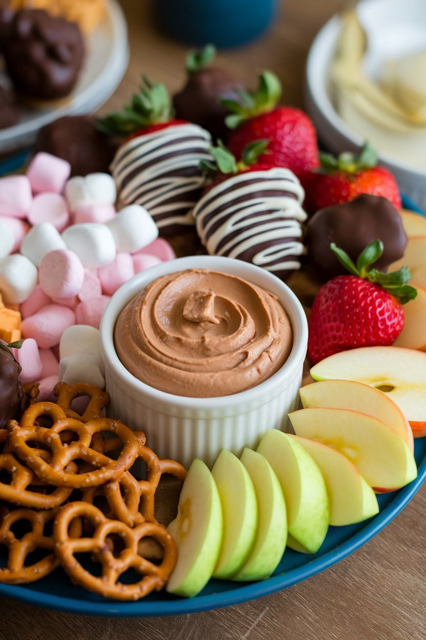 Indoor dessert platter with a small bowl of creamy peanut butter chocolate dip, apple slices and pretzels alongside. No text or logos in scene.
