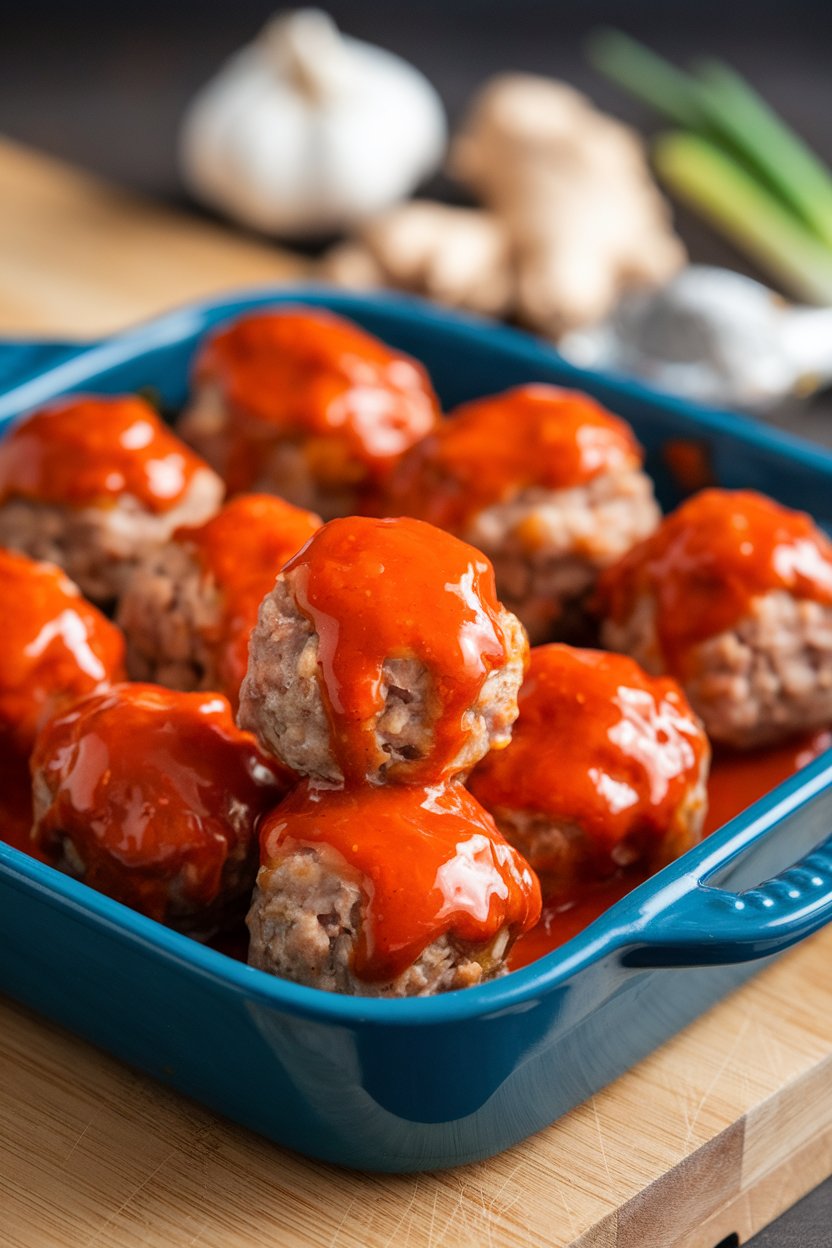 Indoor casserole dish of glazed turkey meatballs coated in bright red Sriracha sauce, no text or logos
