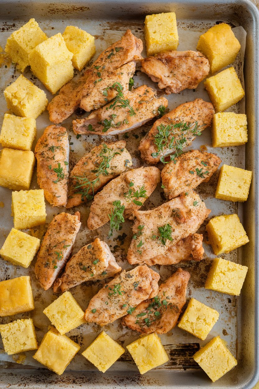 Indoor photo of ranch-seasoned chicken strips and golden cornbread cubes toasted on a sheet pan. No text or logos.