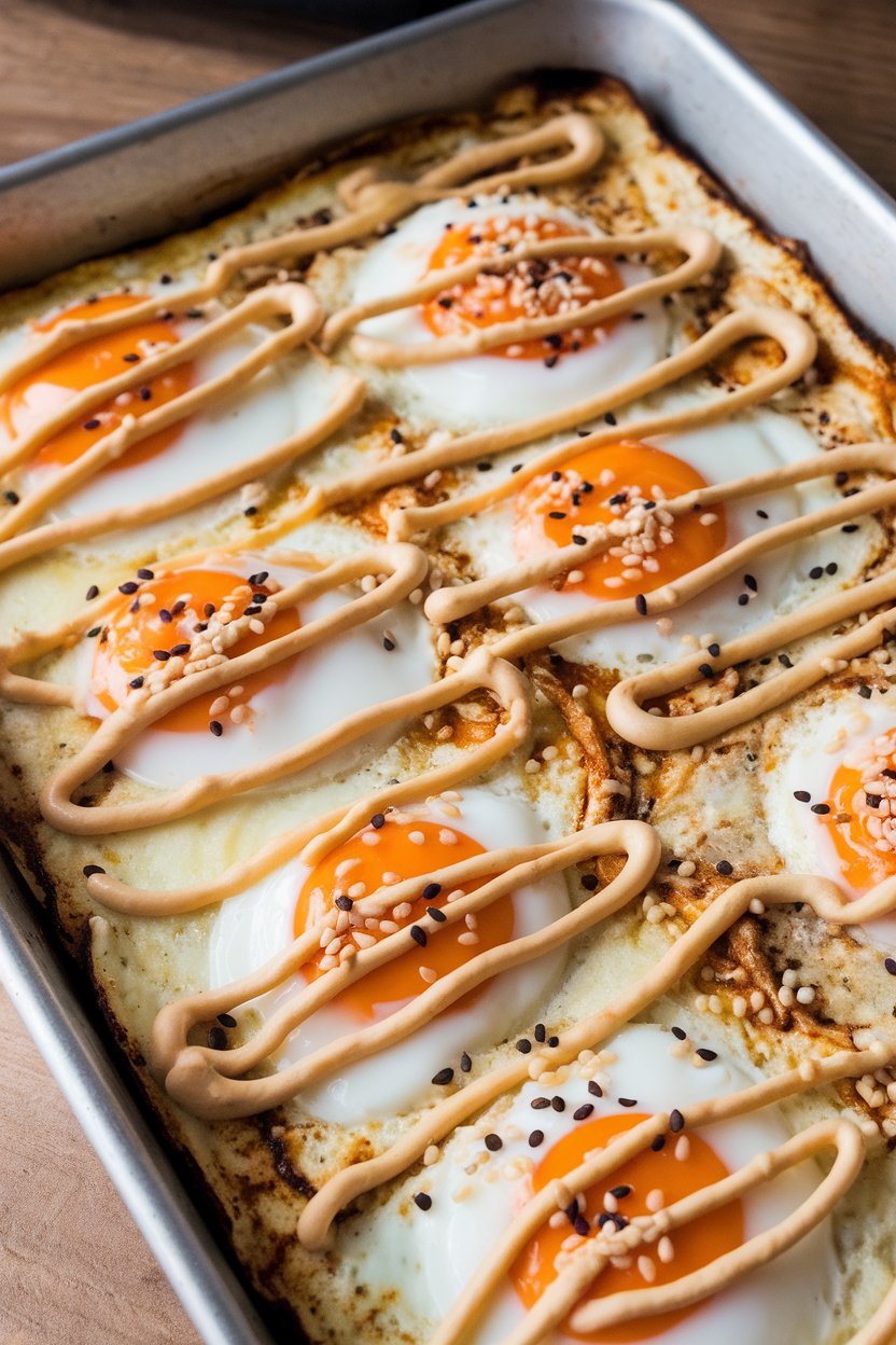 Indoor photo of a sheet pan featuring baked eggs topped with a zigzag of creamy sriracha mayo and sprinkled sesame seeds. No text or logos.