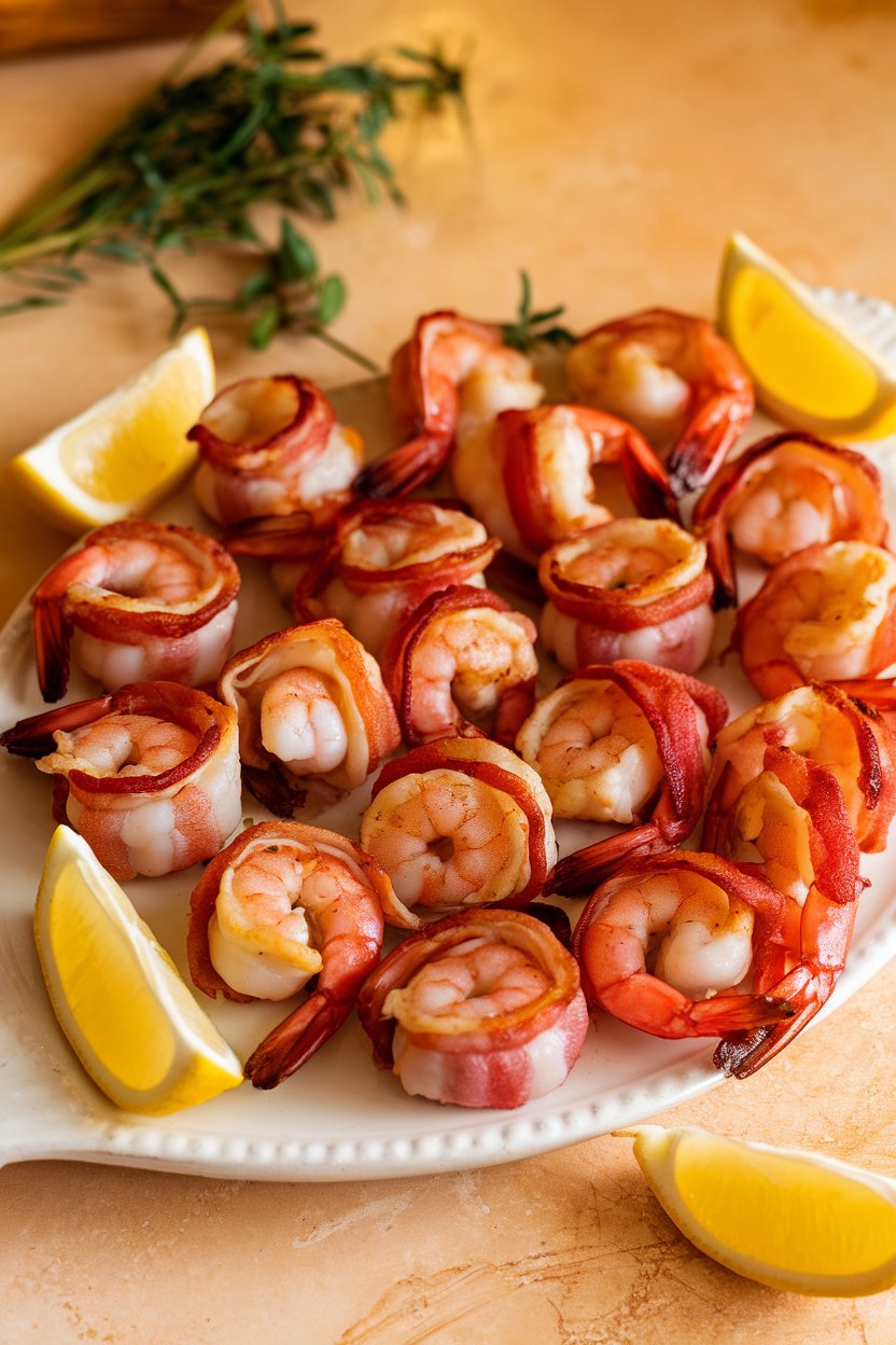 Indoor photo of cooked bacon-wrapped shrimp arranged on a ceramic platter with lemon wedges. No text or logos.