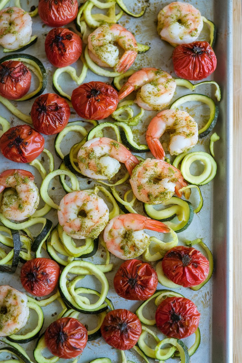 Indoor photo of pesto-coated shrimp, blistered grape tomatoes, and spiralized zucchini ribbons baked on a sheet pan; no logos