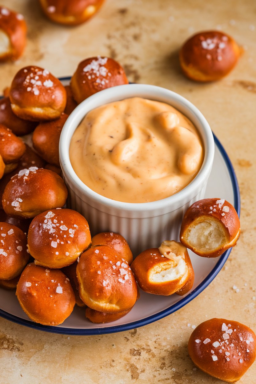 Indoor tabletop photo of bite-sized pretzel nuggets sprinkled with coarse salt next to a ramekin of creamy beer cheese dip. No text or logos present.