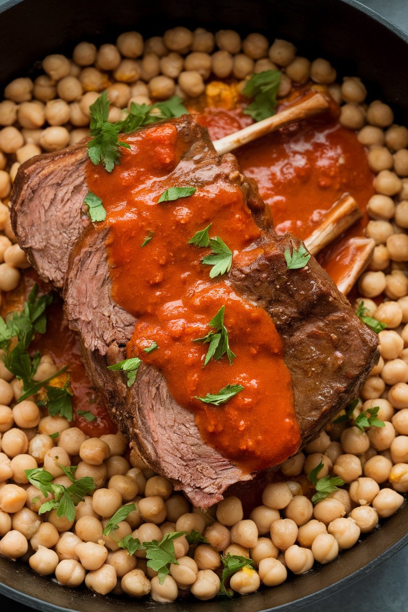 Indoor photo of short ribs with chickpeas in red harissa-tomato sauce; no text or logos