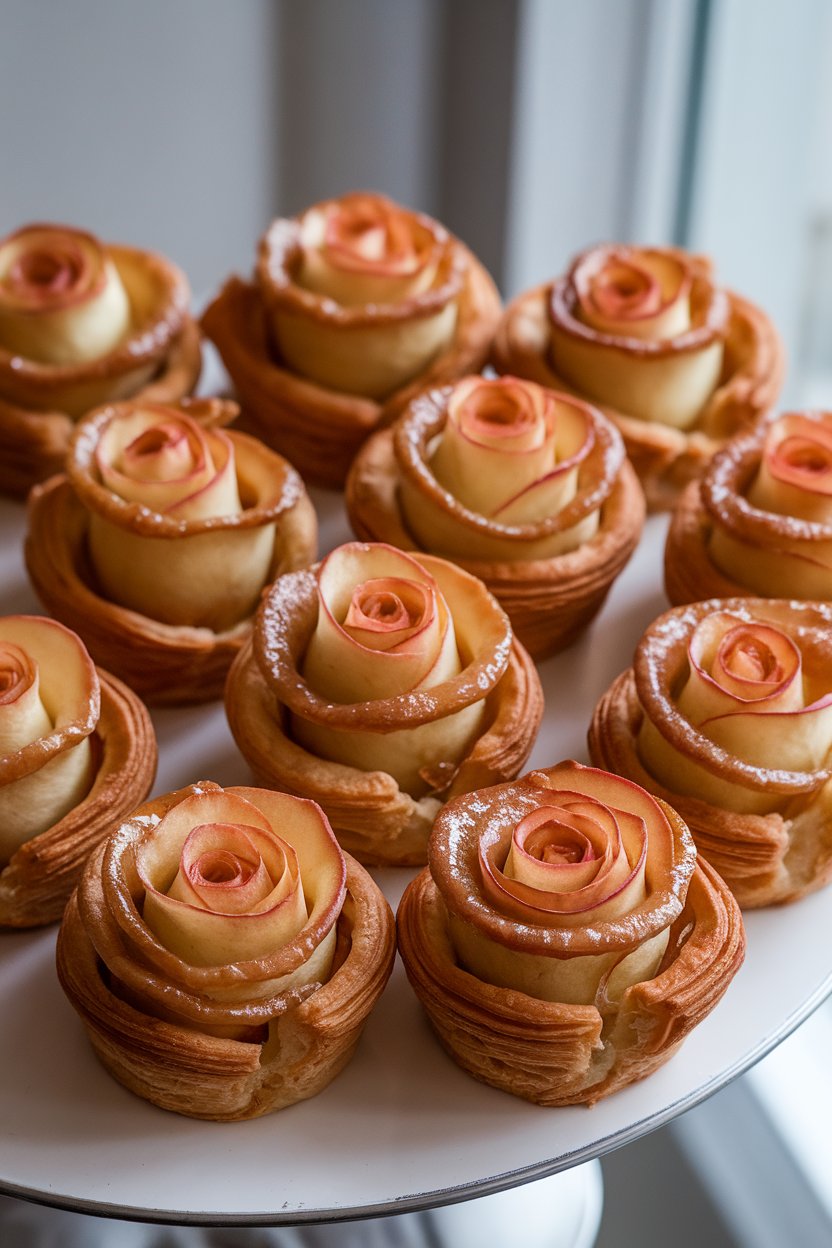 Photo of apple rose pastries baked in puff pastry cups, caramel glaze shimmering, displayed on an indoor white platter. No text or logos present.