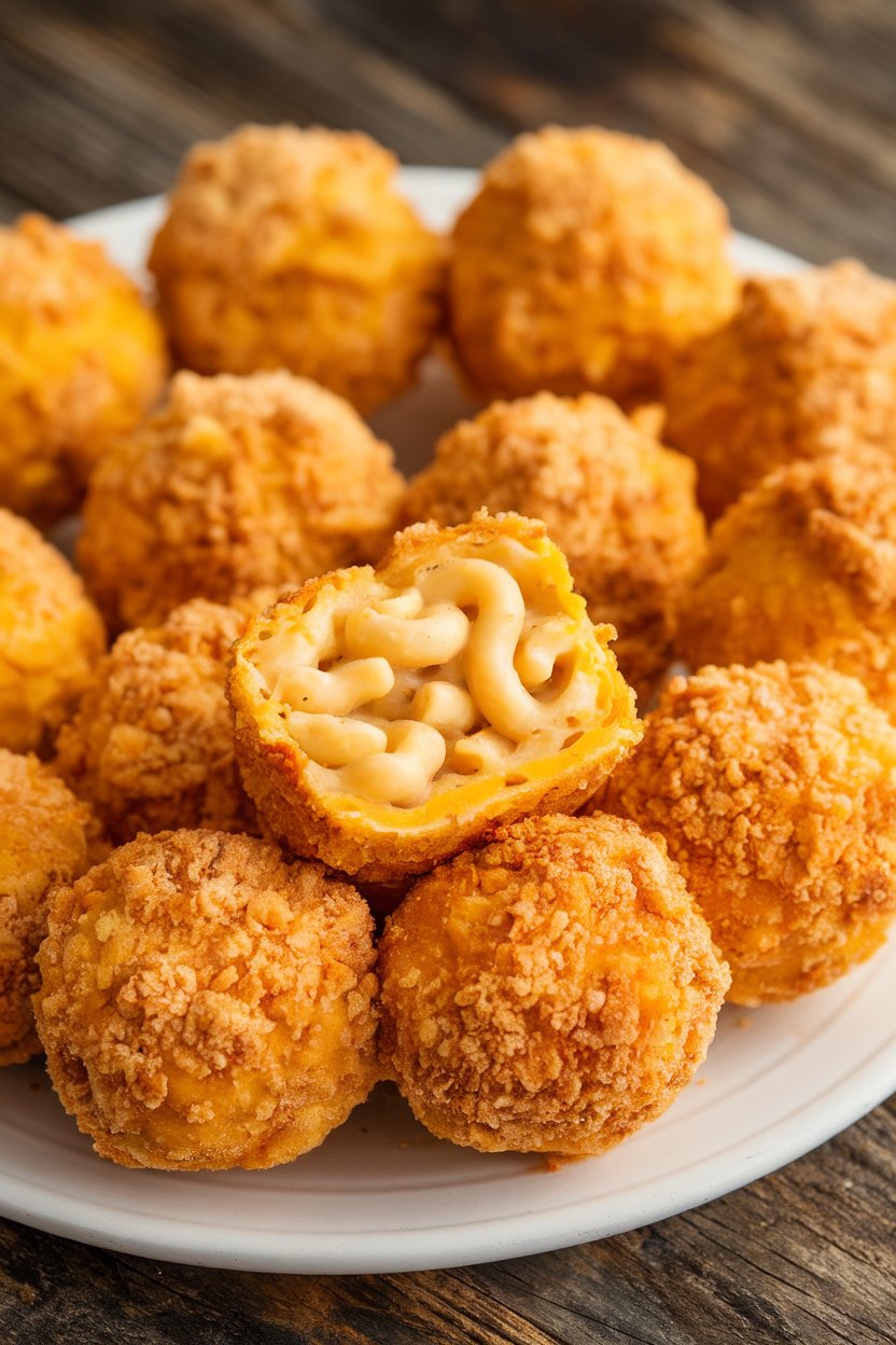 Photo prompt: Indoor white platter stacked with golden, breadcrumb-coated vegan mac and cheese bites, one split open to reveal creamy noodles. No text or logos. Photo, not illustration.
