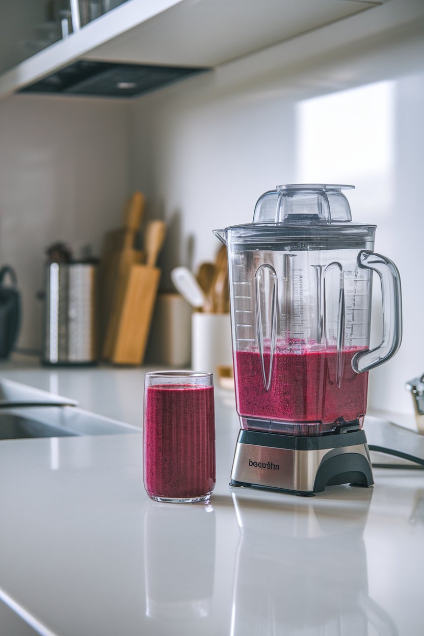 An indoor modern kitchen counter featuring a clear blender jar of vivid magenta beet-berry smoothie, poured into glass beside it. No logos or text. Photo.