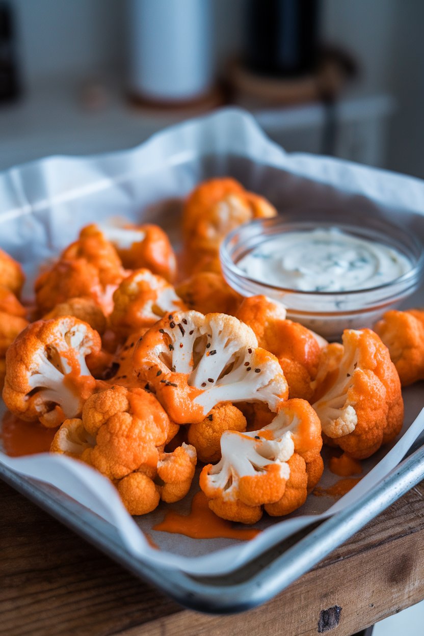 An indoor parchment-lined tray of baked cauliflower florets coated in orange Buffalo sauce, ranch dip in the background—no text or logos. Photo, not illustration.