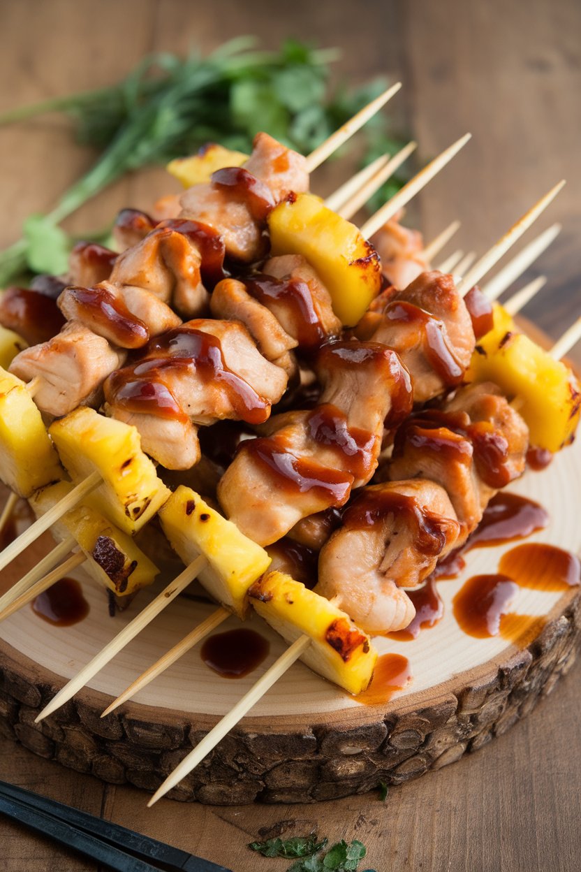 Indoor photo of short skewers with chunks of cooked chicken and caramelized pineapple glazed in teriyaki sauce, resting on a platter. No logos visible.