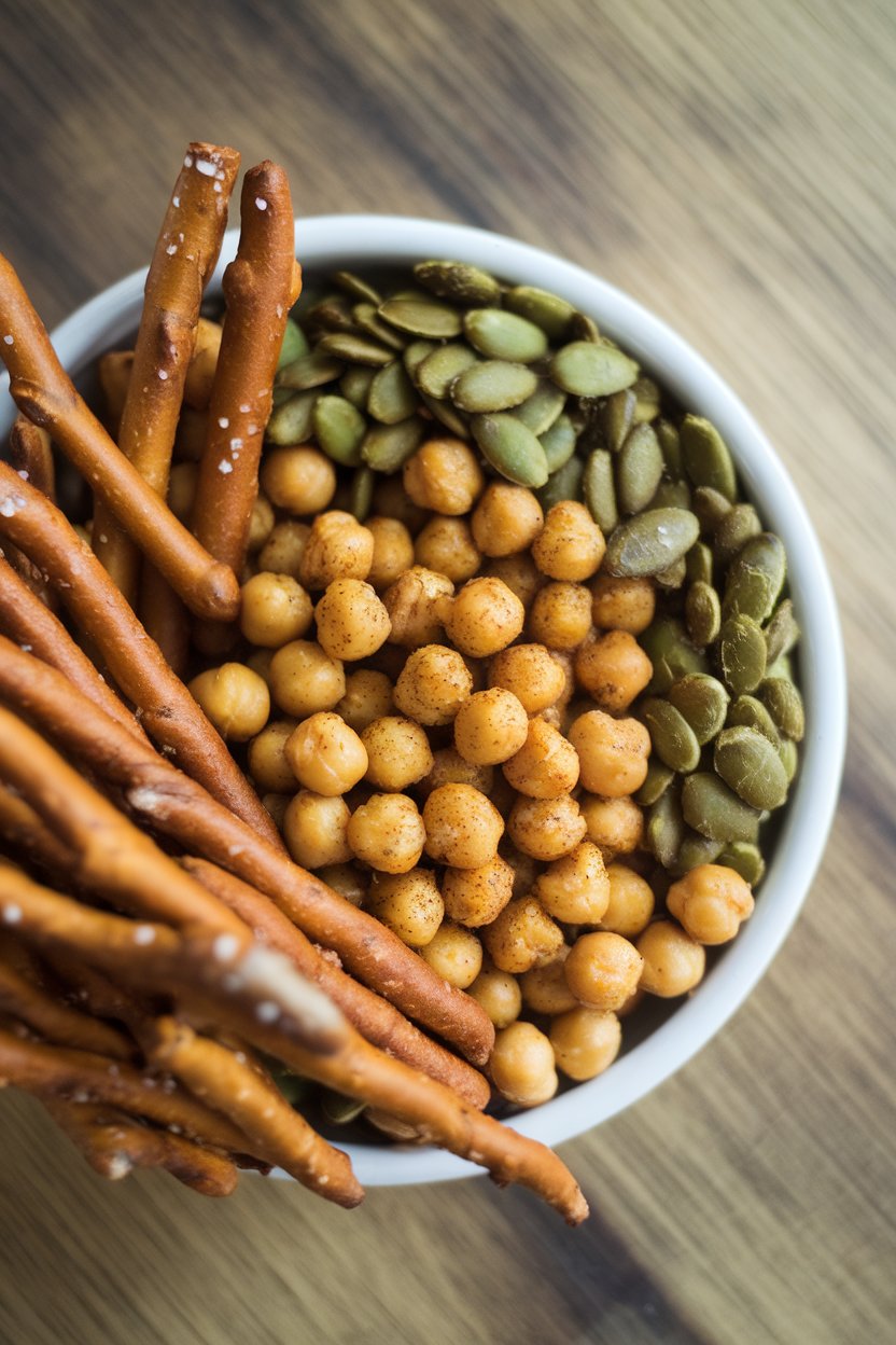 An indoor snack bowl filled with roasted chickpeas, pretzel sticks, and toasted pumpkin seeds, photographed overhead—no text or logos. Photo, not illustration.