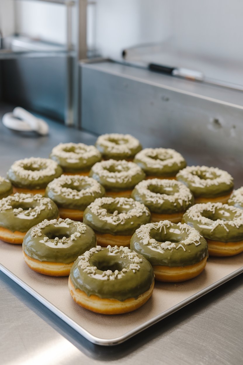 An indoor bakery tray holding ring doughnuts glazed with shiny matcha icing and white sprinkles. No text or logos.