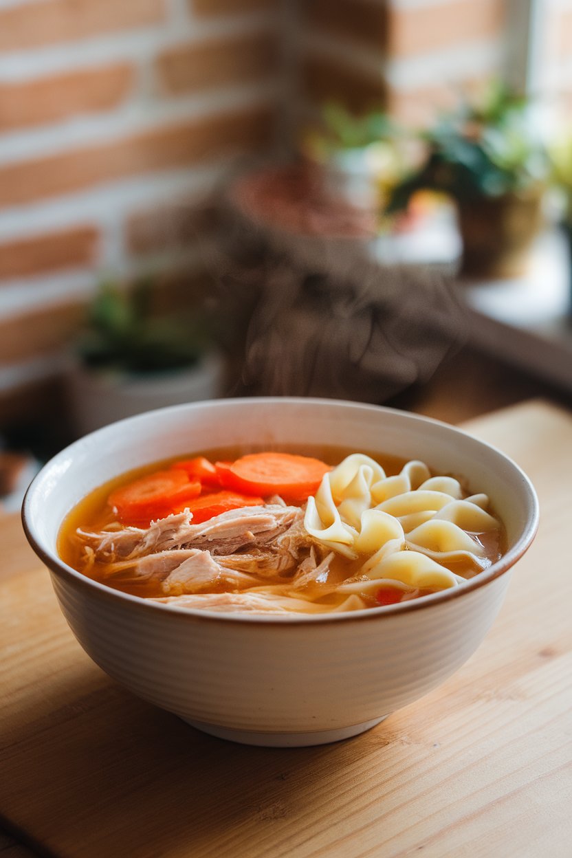 Indoor photo of a white ceramic bowl brimming with golden chicken broth, sliced carrots, shredded chicken, and wide egg noodles, gentle steam rising against a softly lit kitchen backdrop. No text or logos anywhere in the scene; captured as a realistic photograph.