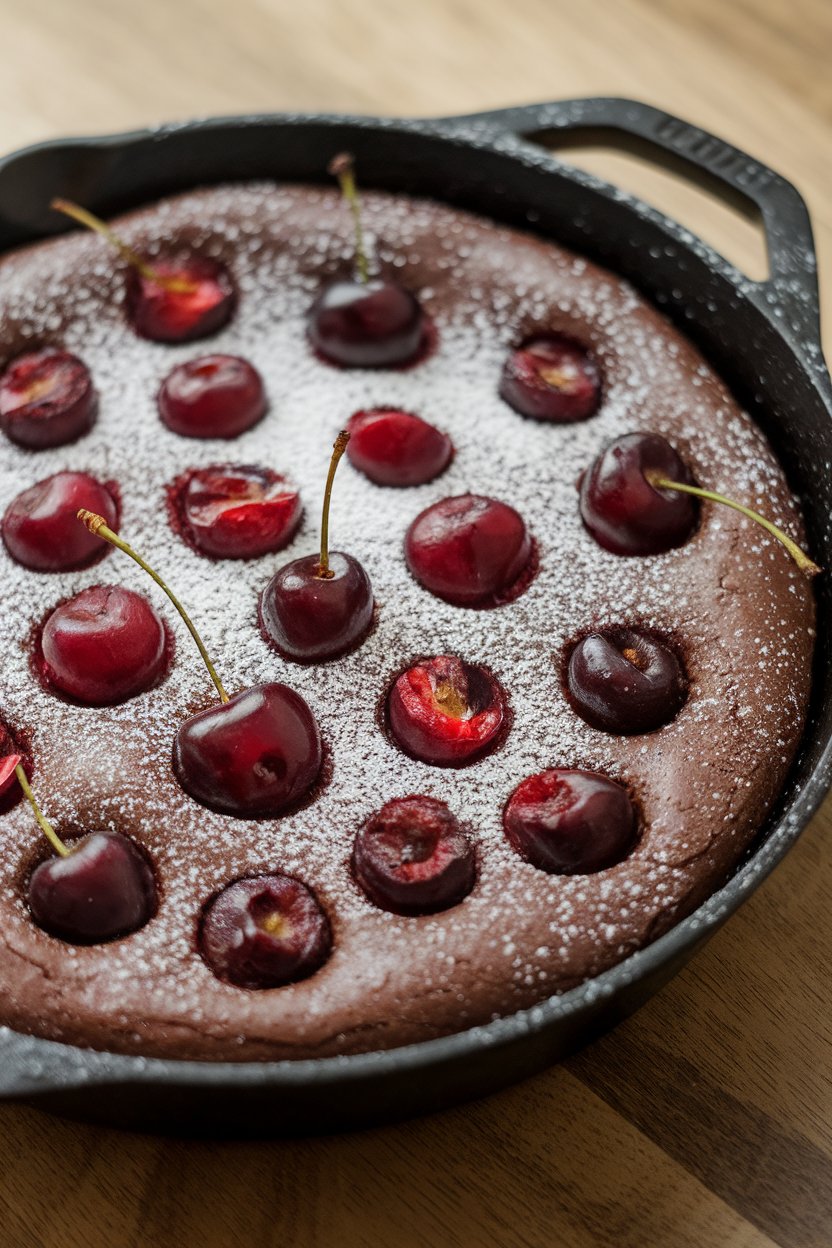 Photo of chocolate clafoutis dotted with cherries in an indoor cast-iron skillet, powdered sugar lightly dusted. No text or logos.