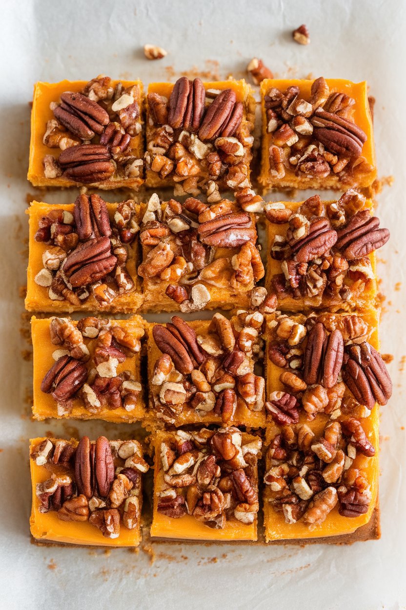 Indoor photo of cheesecake bars with an orange hue and pecan streusel topping, arranged neatly on parchment. No text or logos.