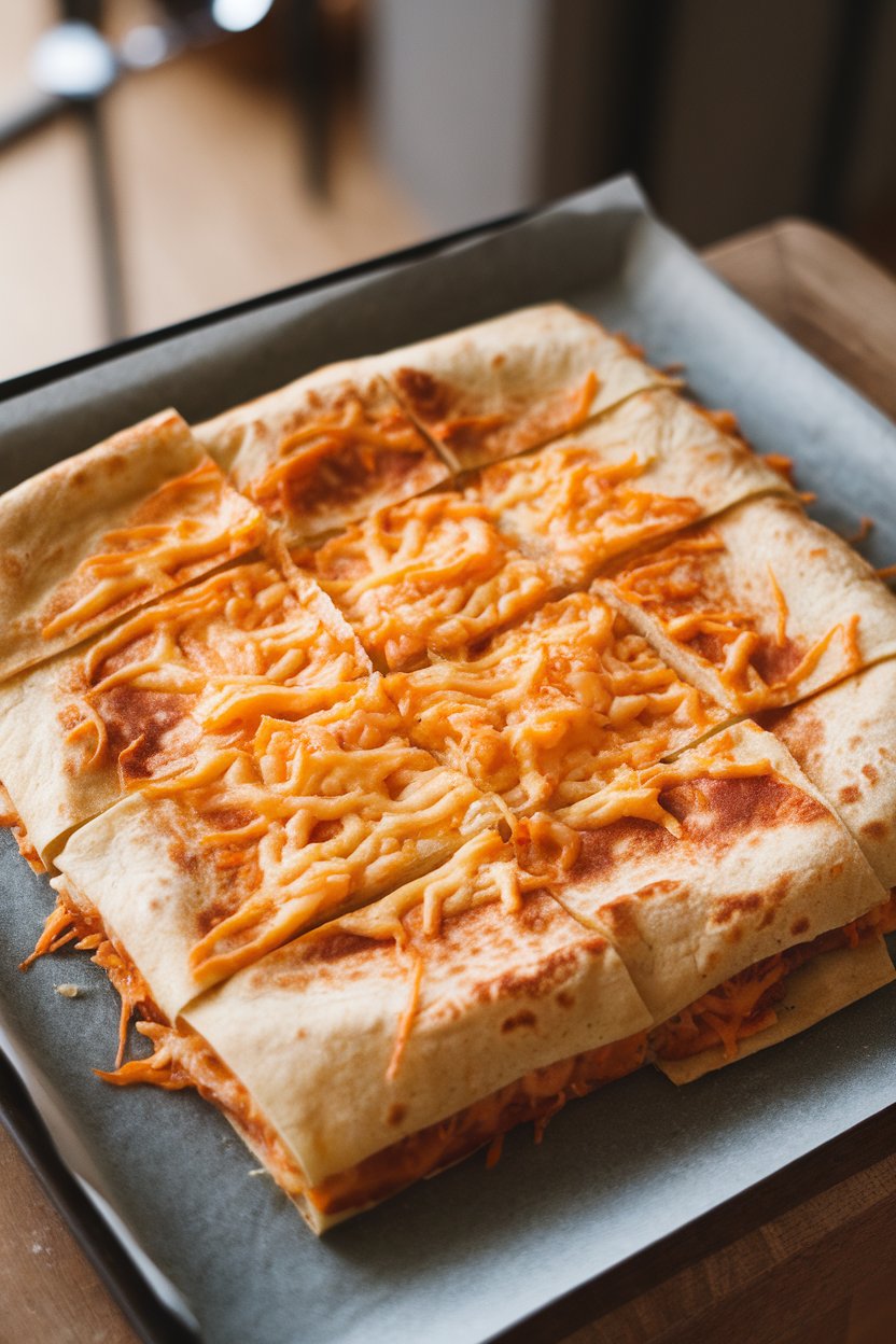 Photo of a large rectangular quesadilla cut into squares on a baking sheet indoors, cheese strings stretching between pieces, no text or logos