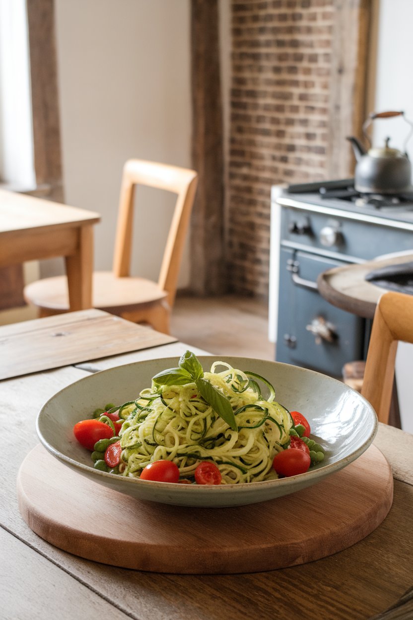 Indoor kitchen scene featuring a shallow bowl of spiralized zucchini noodles tossed with cherry tomatoes, peas, and basil ribbons, lightly coated with olive oil. No text or logos. Photo only.