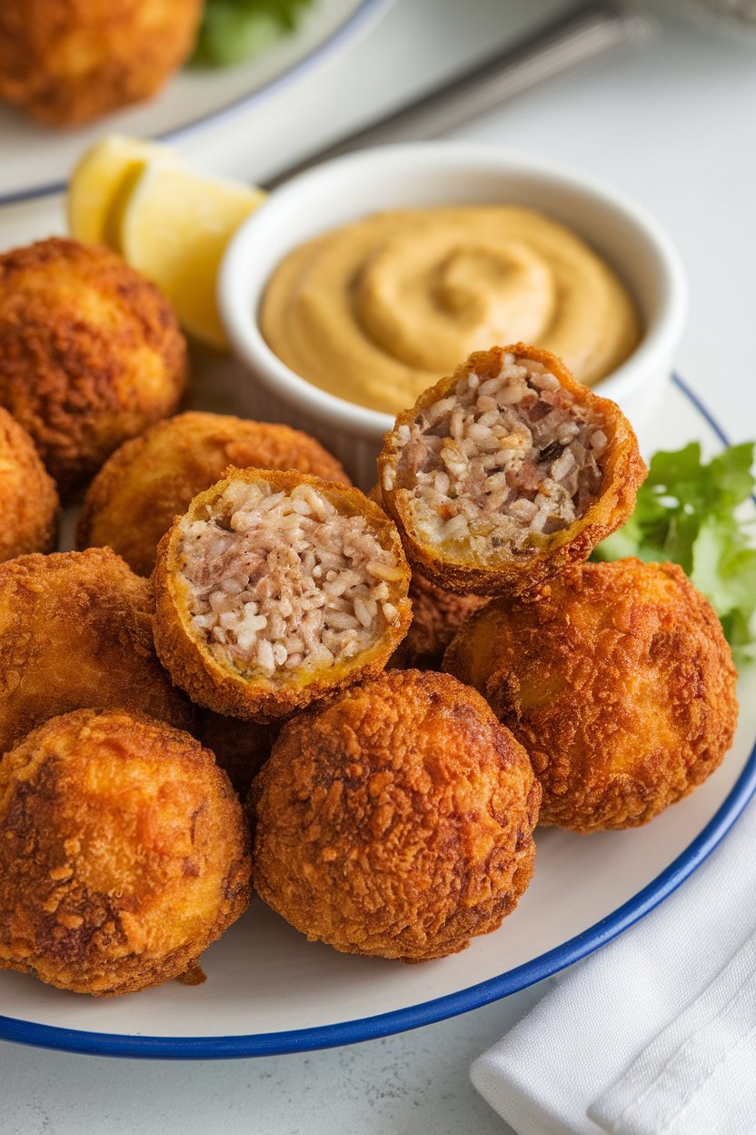 An indoor appetizer platter displaying crispy fried boudin balls split open to show rice and pork filling, side of creole mustard. Photo, no text or logos.